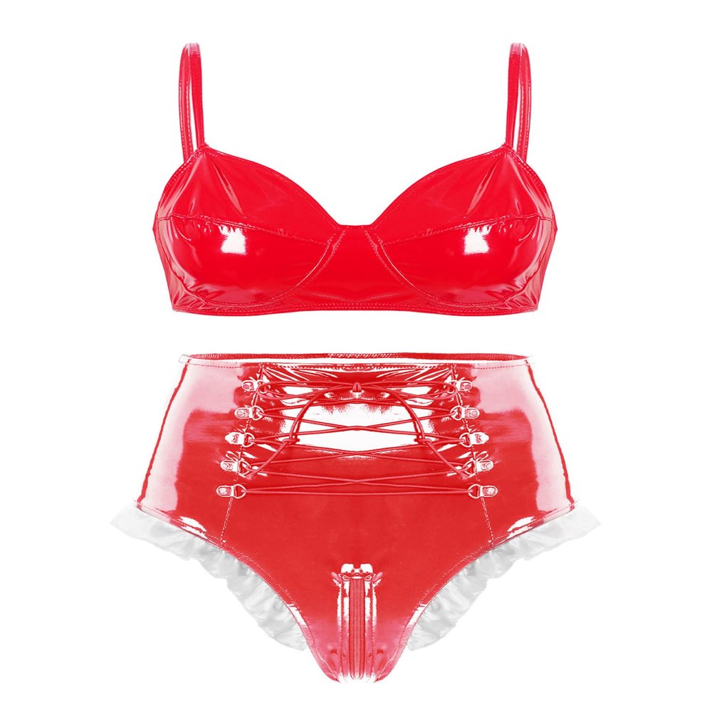 Agoky Women's 2pcs Metallic Leather Sets Latex Crop Top with Shorts Bottoms for Rave Dance Party Type A Red Large