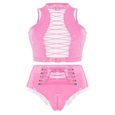 Agoky Women's 2pcs Metallic Leather Sets Latex Crop Top with Shorts Bottoms for Rave Dance Party Type C Pink Large
