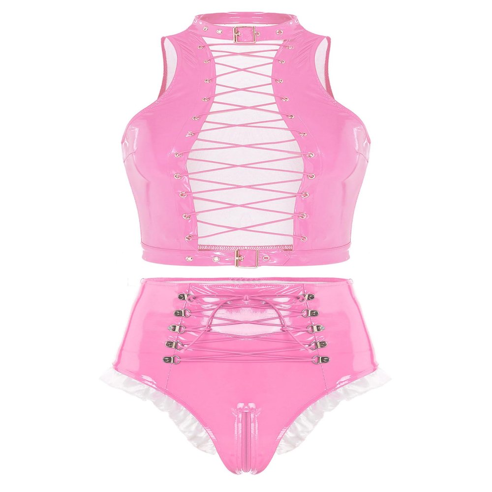 Agoky Women's 2pcs Metallic Leather Sets Latex Crop Top with Shorts Bottoms for Rave Dance Party Type C Pink Large