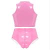 Agoky Women's 2pcs Metallic Leather Sets Latex Crop Top with Shorts Bottoms for Rave Dance Party Type C Pink Large view 2