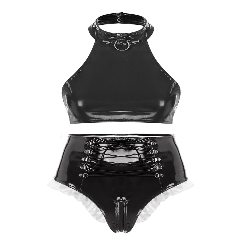 Agoky Women's 2pcs Metallic Leather Sets Latex Crop Top with Shorts Bottoms for Rave Dance Party Type B Black X-Large
