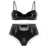 Agoky Women's 2pcs Metallic Leather Sets Latex Crop Top with Shorts Bottoms for Rave Dance Party Type A Black Large view 1
