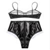 Agoky Women's 2pcs Metallic Leather Sets Latex Crop Top with Shorts Bottoms for Rave Dance Party Type A Black Large view 4