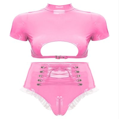 Agoky Women's 2pcs Metallic Leather Sets Latex Crop Top with Shorts Bottoms for Rave Dance Party Type D Pink Large