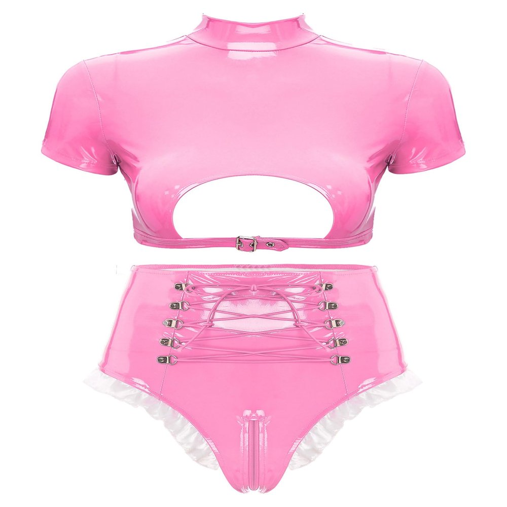 Agoky Women's 2pcs Metallic Leather Sets Latex Crop Top with Shorts Bottoms for Rave Dance Party Type D Pink Large