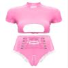 Agoky Women's 2pcs Metallic Leather Sets Latex Crop Top with Shorts Bottoms for Rave Dance Party Type D Pink Large view 1