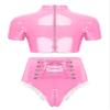 Agoky Women's 2pcs Metallic Leather Sets Latex Crop Top with Shorts Bottoms for Rave Dance Party Type D Pink Large view 2