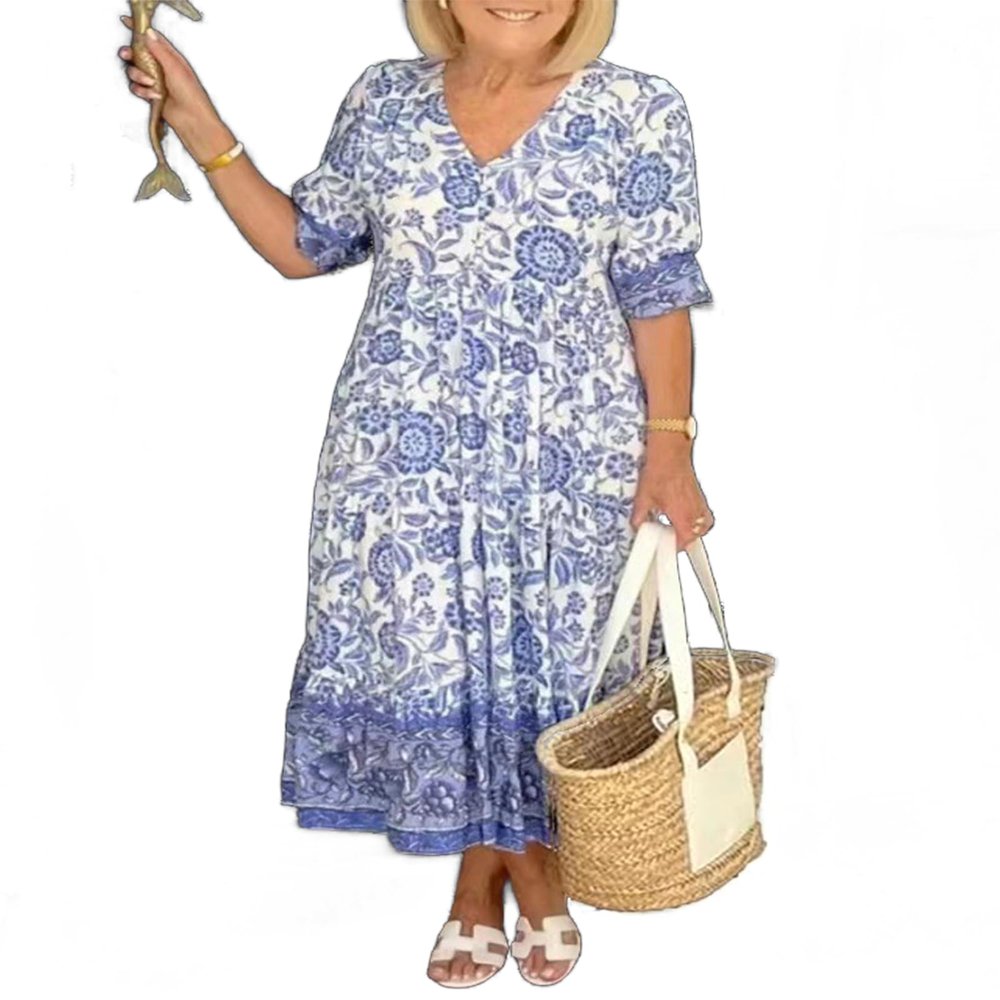 Blue Boho Summer Dress for Womens Floral Maxi Dresses Casual Short Sleeve Long Beach Dress 2024