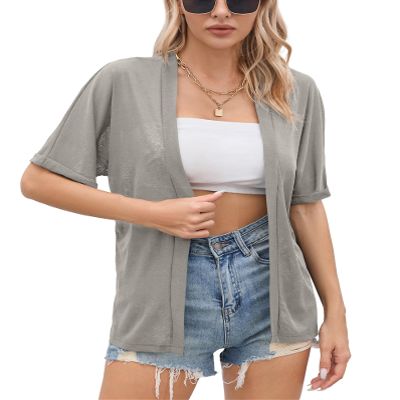 Iandroiy Women's Summer Lightweight Cardigan Short Sleeve Open Front Casual Loose Cover Ups (Large, Grey)