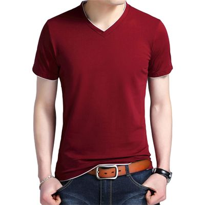 Generic Men's V Neck Cotton T Shirts Casual Stylish Fitted Stretch Workout Tees Slim Fit Soft Basic Henley Fashion T-Shirt (X-Large,Wine Red)