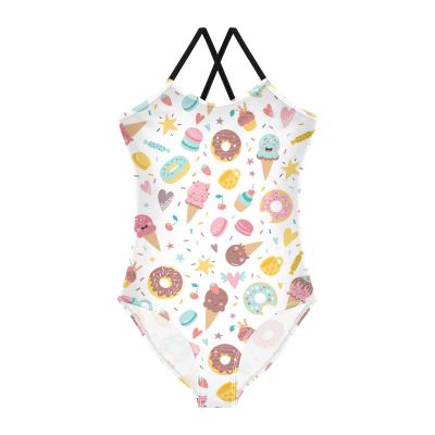 Cute Ice Cream Girls One Piece Swimsuits Donuts Cupcakes Sport Halter Swimwear Beach Bathing Suit 9-10T