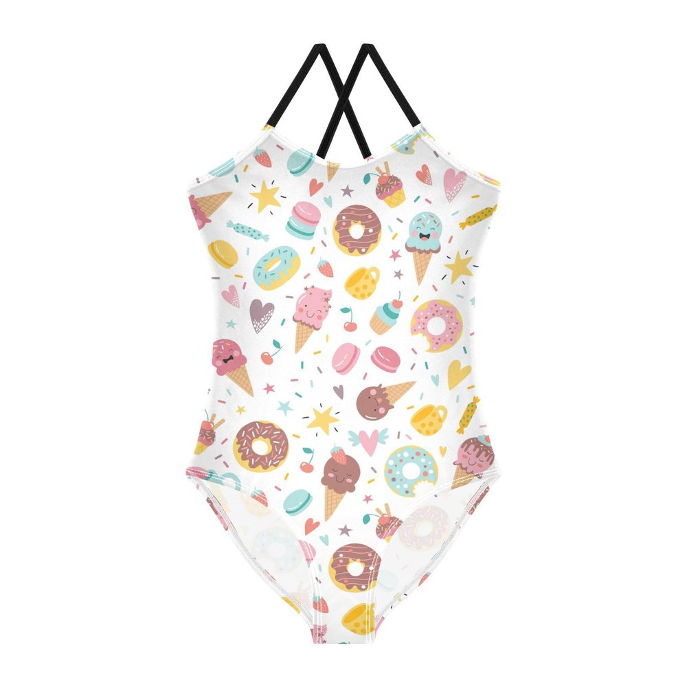 Cute Ice Cream Girls One Piece Swimsuits Donuts Cupcakes Sport Halter Swimwear Beach Bathing Suit 9-10T