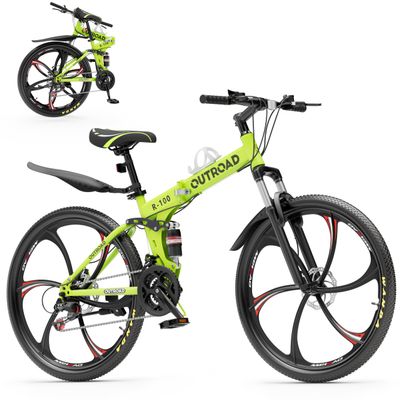 MarKnig 26 Inch Adult Folding Bikes/Mountain Bikes, 21 Speeds Mountain Bicycles with Full Suspension, Dual Disc Brake, High Carbon Steel Frame, Foldable Bike for Men/Women/Teen, LH-Green