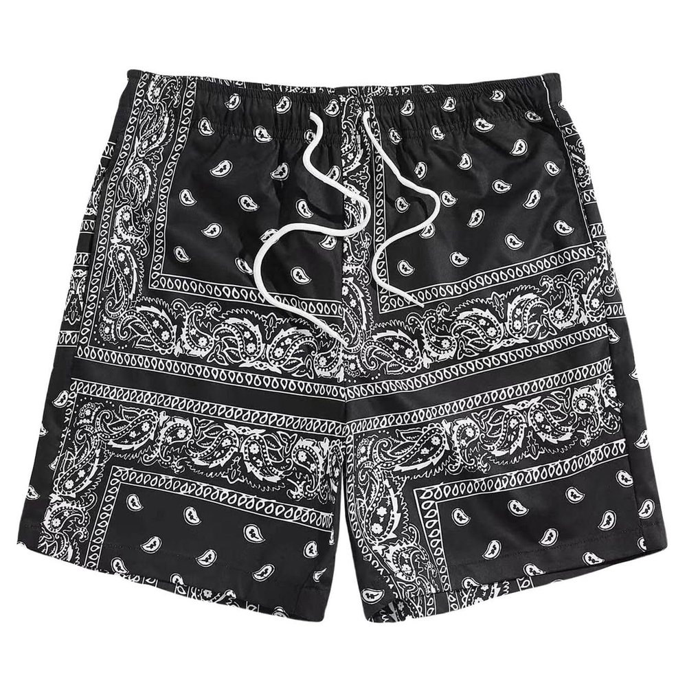 Men's Boho Tribal Paisley Print Drawstring Waist Summer Beach Hawaiian Cool Graphic Short Men Black XL