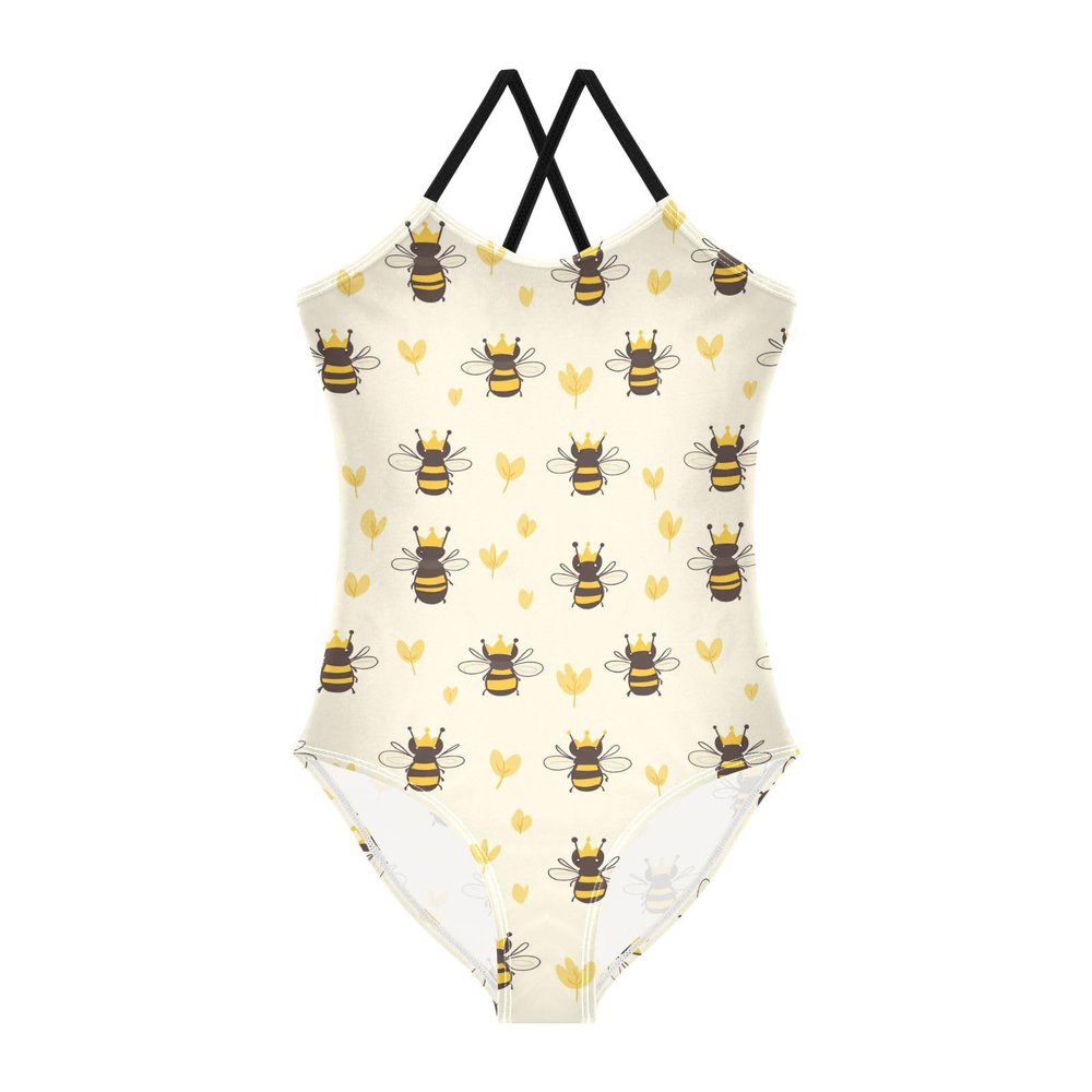 Bee Insect Girls One Piece Swimsuits Cute Bee Sport Halter Swimwear Beach Bathing Suit 7-8T