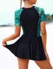 ABAFIP Women's Rash Guard Bathing Suit Zipper Swimdress Swimsuit Short Sleeve Floral Print Swimwear Dark Green XX-Large view 2