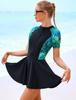 ABAFIP Women's Rash Guard Bathing Suit Zipper Swimdress Swimsuit Short Sleeve Floral Print Swimwear Dark Green XX-Large view 3