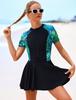 ABAFIP Women's Rash Guard Bathing Suit Zipper Swimdress Swimsuit Short Sleeve Floral Print Swimwear Dark Green XX-Large view 4
