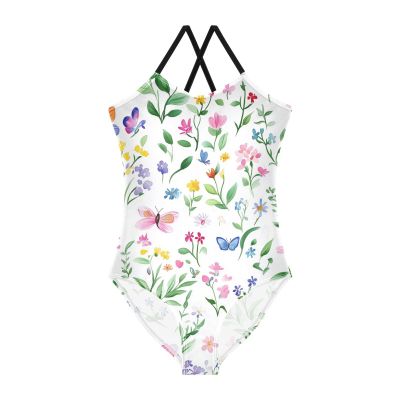 Bug Butterfly Girls One Piece Swimsuits Moth Dragonfly Sport Halter Swimwear Beach Bathing Suit 7-8T
