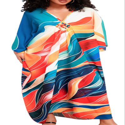 Caftans for Women Swimwear Baggy Beach Cover Up Dress Wave Striped Printed Colorful Maxi Kaftan Bohemian Turkish Sundress