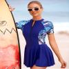 ABAFIP Women's Rash Guard Bathing Suit Zipper Swimdress Swimsuit Short Sleeve Floral Print Swimwear Navy Blue XX-Large view 3