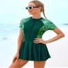 ABAFIP Women's Rash Guard Bathing Suit Zipper Swimdress Swimsuit Short Sleeve Floral Print Swimwear Army Green Medium view 4