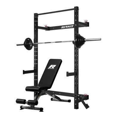 RitFit Multi-Functional Folding Squat Rack for Home Gym, 2.36'' x 2.36'' Wall Mounted Squat Rack with Attachments - Space Saving Squat Power Rack, Black