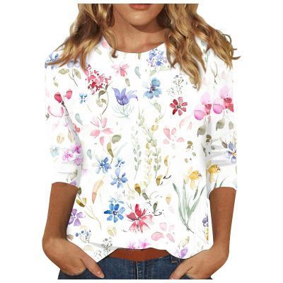 Plus Size Sleeveless Tops Three Quarter Sleeve Tops Woman Crewneck Cute Shirts Casual Print Blouses Length T Shirt 2024 4X-Large 03-Beige