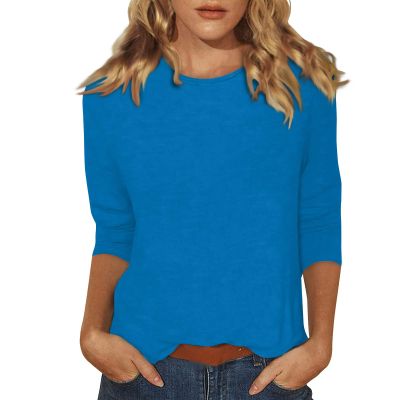 3/4 Length Sleeve Womens Tops Three Quarter Sleeve Tops Woman Crewneck Cute Shirts Casual Print Blouses Length T Shirt 2024 Medium 01-Light Purple