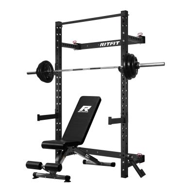 RitFit Multi-Functional Folding Squat Rack for Home Gym, 2.36'' x 2.36'' Wall Mounted Squat Rack with Attachments - Space Saving Squat Power Rack, Black