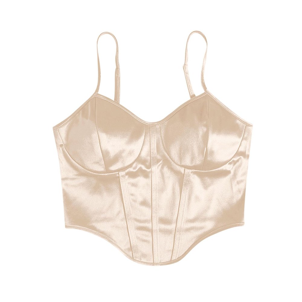 LMSXCT Women Sexy Satin Adjustable Spaghetti Strap Crop Top Silk Tank Top Corset Y2K Fashion Bustier Party Clubwear Cami Tops Beige