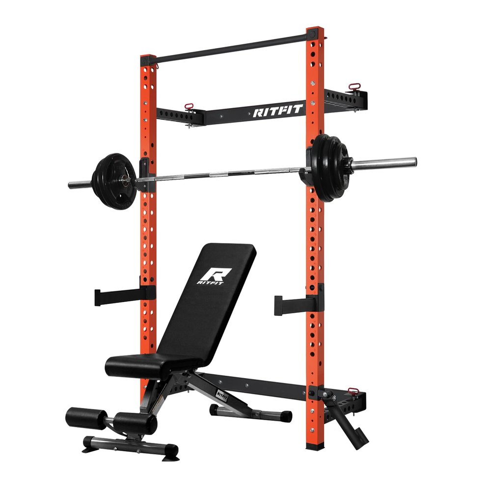 RitFit Multi-Functional Folding Squat Rack for Home Gym, 2.36'' x 2.36'' Wall Mounted Squat Rack with Attachments - Space Saving Squat Power Rack, Orange