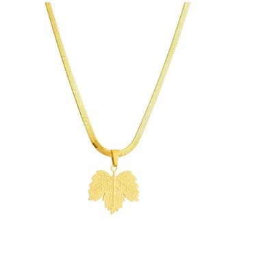 NineFit Basics 316L Stainless Steel Gold Color Maple Leaf Pendant Necklace Earrings For Women Non-fading Jewelry Set (Necklace)