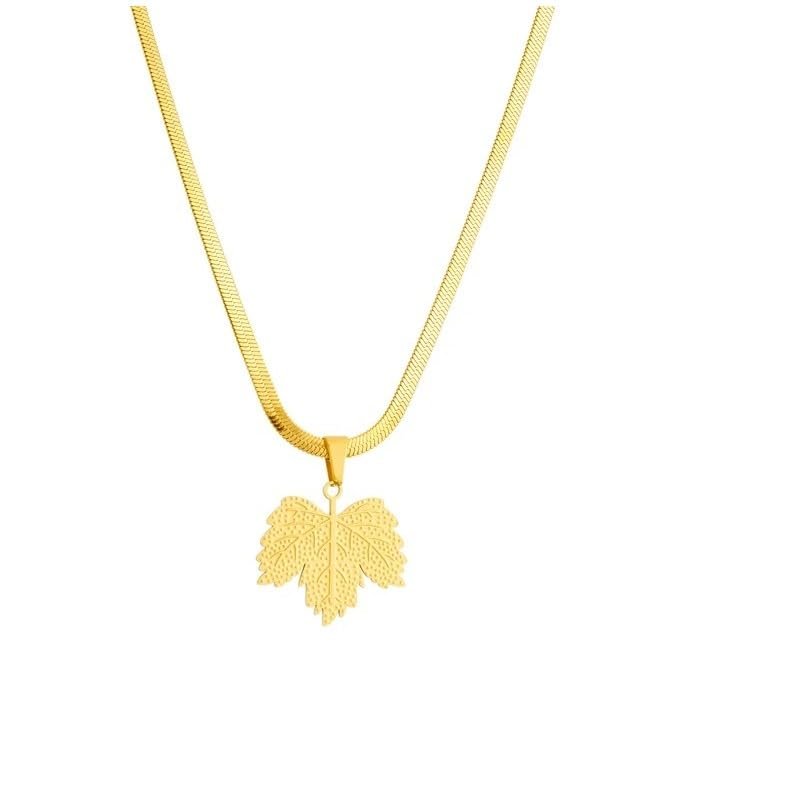 NineFit Basics 316L Stainless Steel Gold Color Maple Leaf Pendant Necklace Earrings For Women Non-fading Jewelry Set (Necklace)