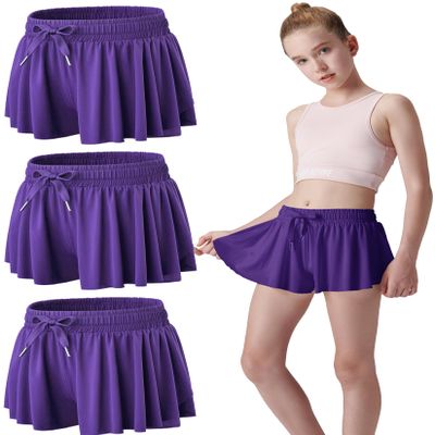 3 Pack Girls Flowy Shorts with Spandex Liner 2-in-1 Youth Butterfly Skirts for Fitness, Running, Sports (Set 12, Youth Medium)