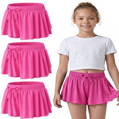 3 Pack Girls Flowy Shorts with Spandex Liner 2-in-1 Youth Butterfly Skirts for Fitness, Running, Sports (Set 13, Large)
