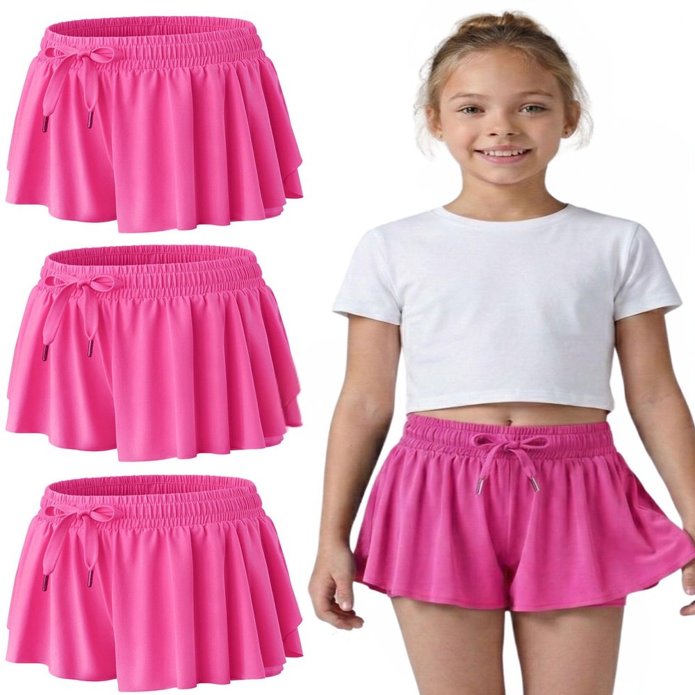 3 Pack Girls Flowy Shorts with Spandex Liner 2-in-1 Youth Butterfly Skirts for Fitness, Running, Sports (Set 13, Large)