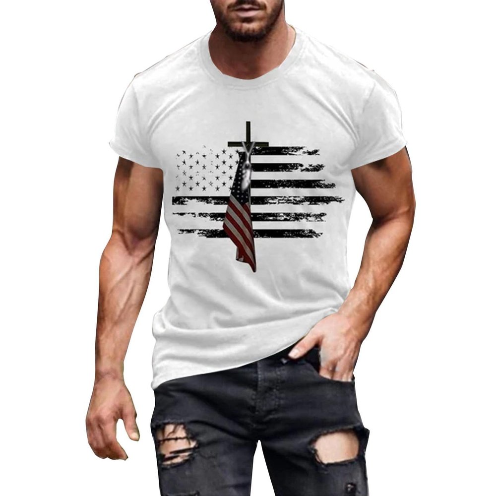 QWENTMTNTY Men's Graphic T-Shirts American Flag Summer Cotton Short Sleeve Shirts Big and Tall Patriotic 4Th of July Father's Day Shirt