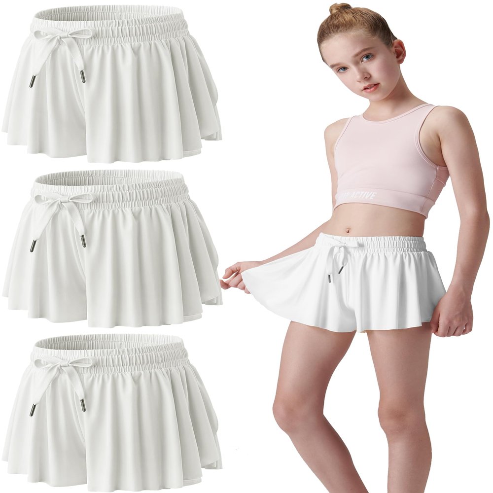 3 Pack Girls Flowy Shorts with Spandex Liner 2-in-1 Youth Butterfly Skirts for Fitness, Running, Sports (Set 11, Youth X-Large)