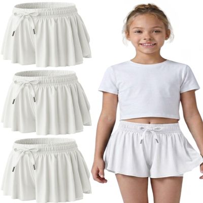 3 Pack Girls Flowy Shorts with Spandex Liner 2-in-1 Youth Butterfly Skirts for Fitness, Running, Sports (Set 11, Small)