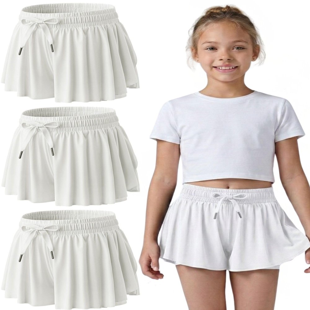 3 Pack Girls Flowy Shorts with Spandex Liner 2-in-1 Youth Butterfly Skirts for Fitness, Running, Sports (Set 11, Small)