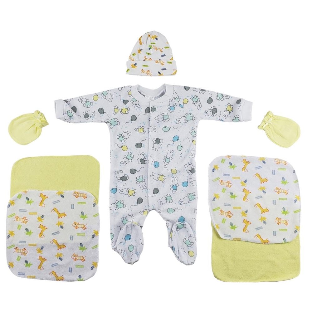 Bambini CS-0030 Sleep-n-Play Cap Mittens & Washcloths White & Yellow - Newborn - 7 Piece