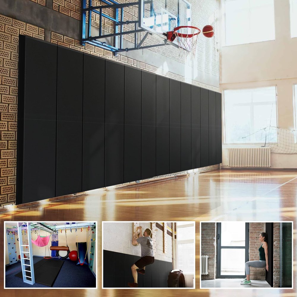PROGOAL 72" x 24" x 4" Gym Wall Padding Basketball Court Wall Mats Athletes Protector,Removable High Elasticity Tear-Resistant 4" Thick Foam High-Density Wall Pads for Safty(Black)