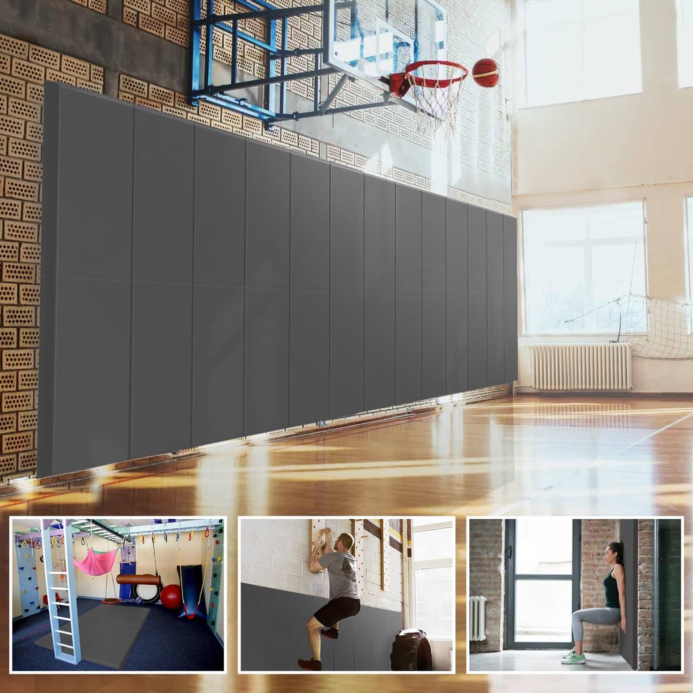 PROGOAL 72" x 24" x 4" Gym Wall Padding Basketball Court Wall Mats Athletes Protector,Removable High Elasticity Tear-Resistant 4" Thick Foam High-Density Wall Pads for Safty(Dark Grey)