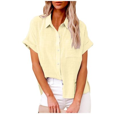 Akklian Short Sleeve Tops for Women Dressy Casual Short Sleeve Trendy Collared Button Shirt Solid V-Neck Loose T-Shirt Blouse