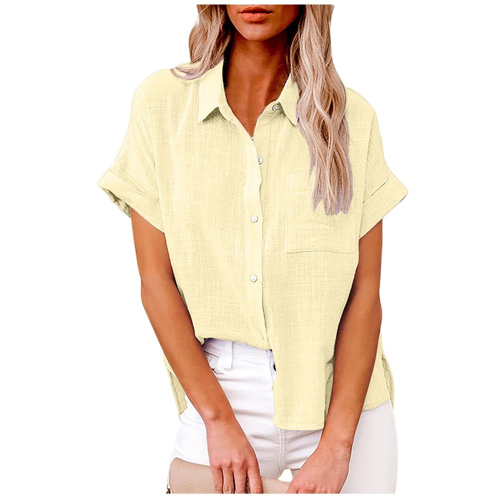 Akklian Short Sleeve Tops for Women Dressy Casual Short Sleeve Trendy Collared Button Shirt Solid V-Neck Loose T-Shirt Blouse