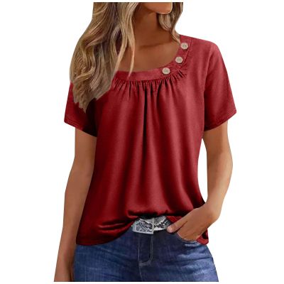 2024 Shirts for Women Trendy Short Sleeve Tops Summer Casual Tunic Blouses Pleated Asymmetrical Button Neckline Tee Red
