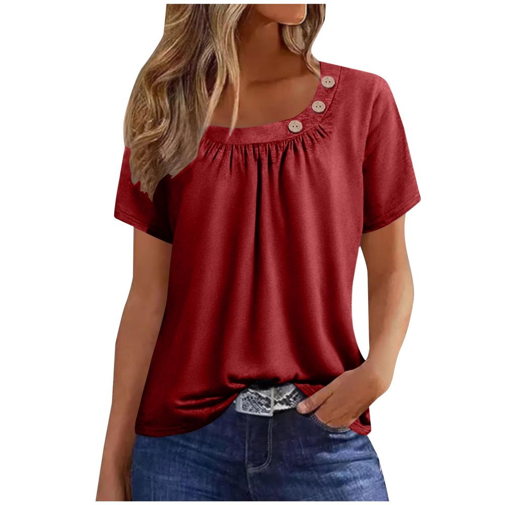 2024 Shirts for Women Trendy Short Sleeve Tops Summer Casual Tunic Blouses Pleated Asymmetrical Button Neckline Tee Red