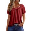 2024 Shirts for Women Trendy Short Sleeve Tops Summer Casual Tunic Blouses Pleated Asymmetrical Button Neckline Tee Red view 1