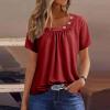 2024 Shirts for Women Trendy Short Sleeve Tops Summer Casual Tunic Blouses Pleated Asymmetrical Button Neckline Tee Red view 2